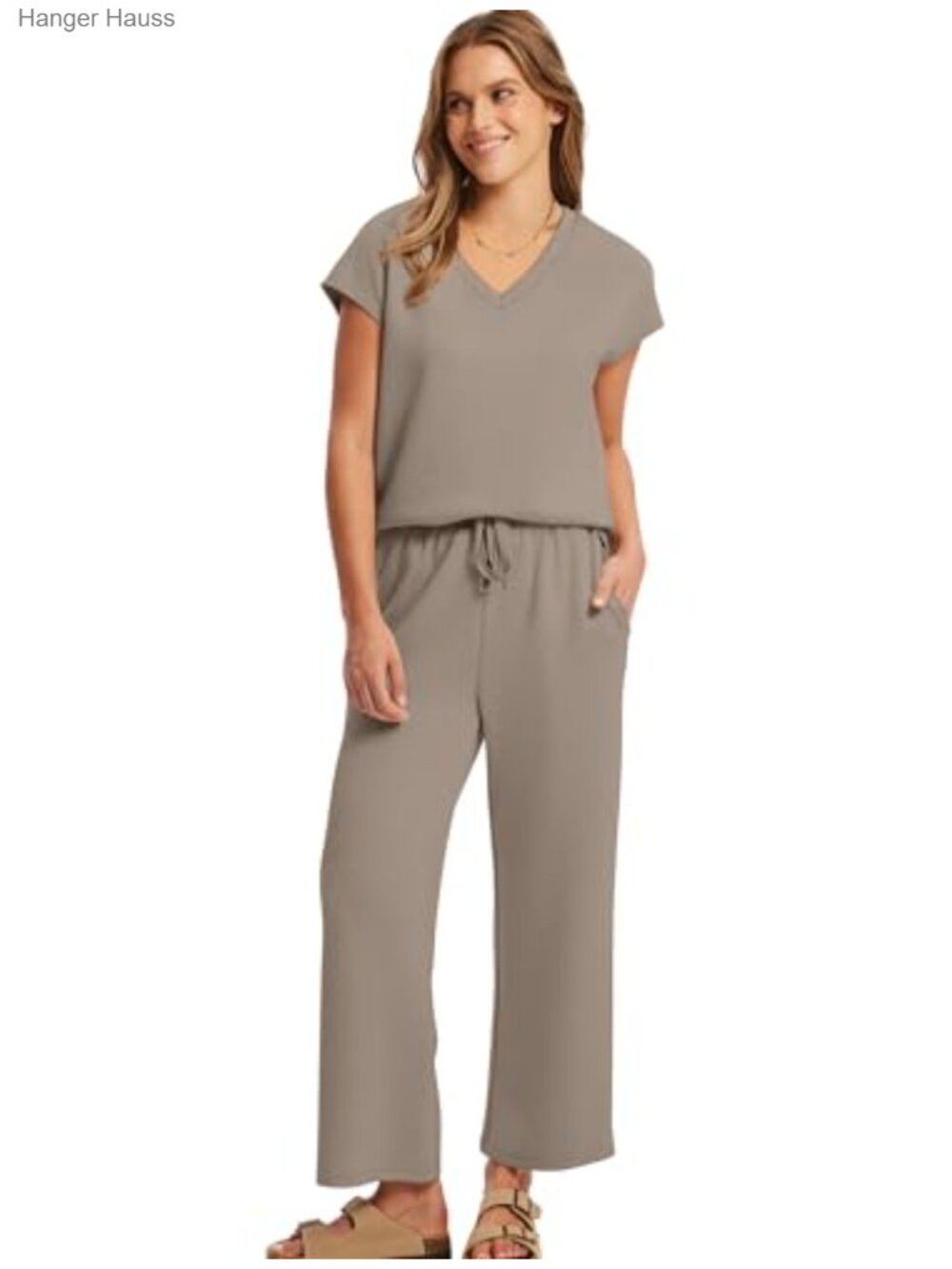 Two Piece Lounge Set V Neck Top Wide Leg Pants - Picture 2 of 5